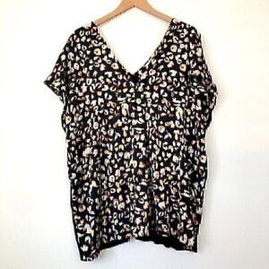 ADDITION ELLE Plus Size Black Cream Cheetah Leopard Animal Mixed Media Blouse 2X